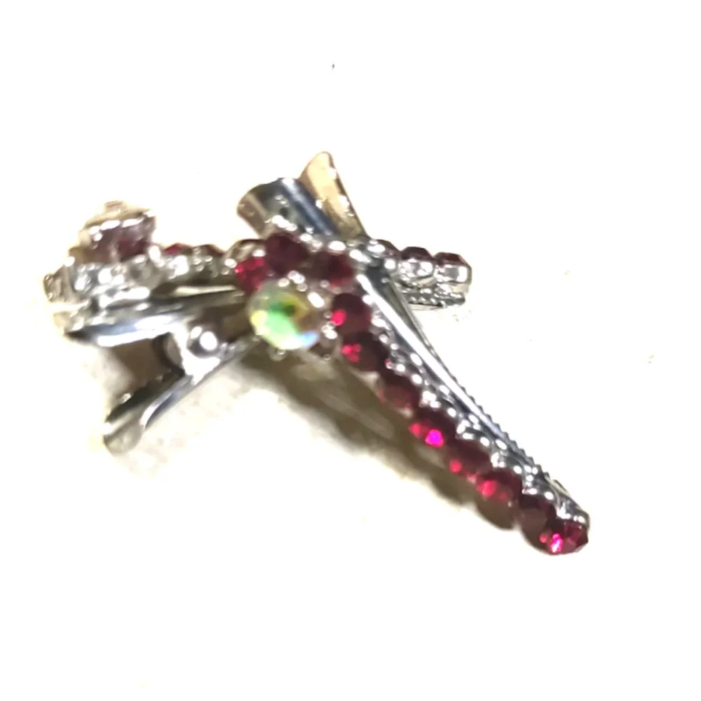 Hair Clip Barrettes Matching Pair Red Rhinestone
